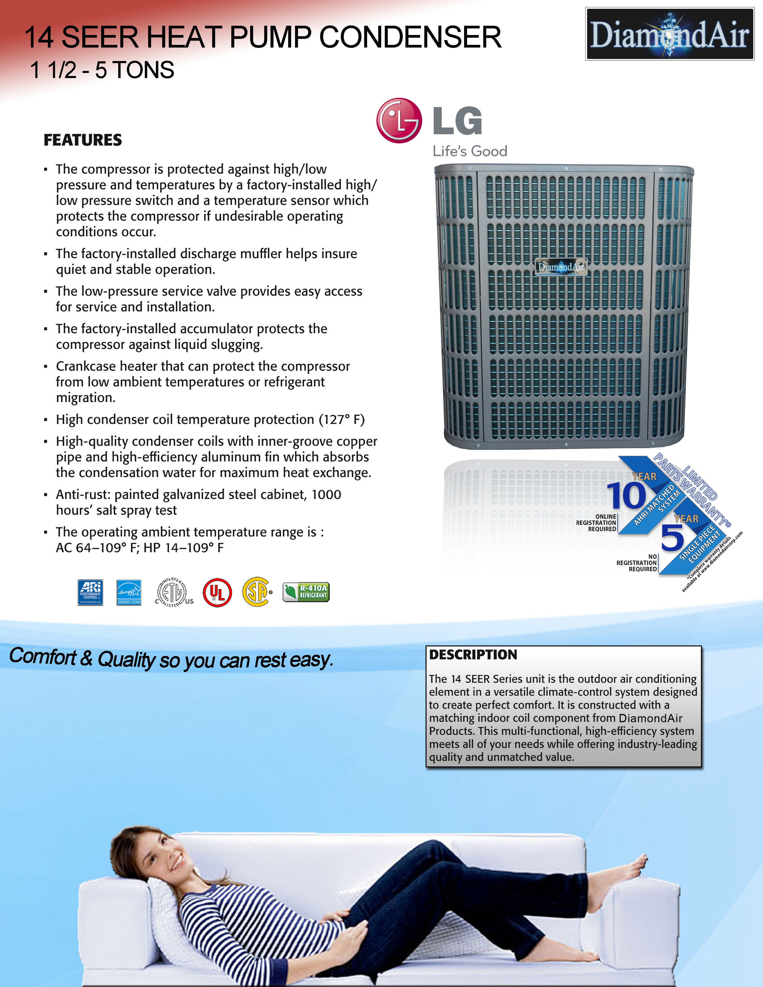4 Ton DiamondAir 14 SEER Heat Pump System D1448HCL, D1448HAEAL (T)